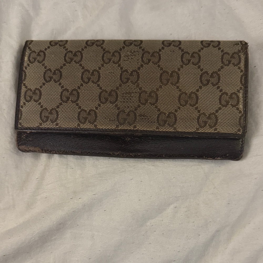 Vintage Gucci Beige and Dark Brown Monogram long Wallet (project piece)